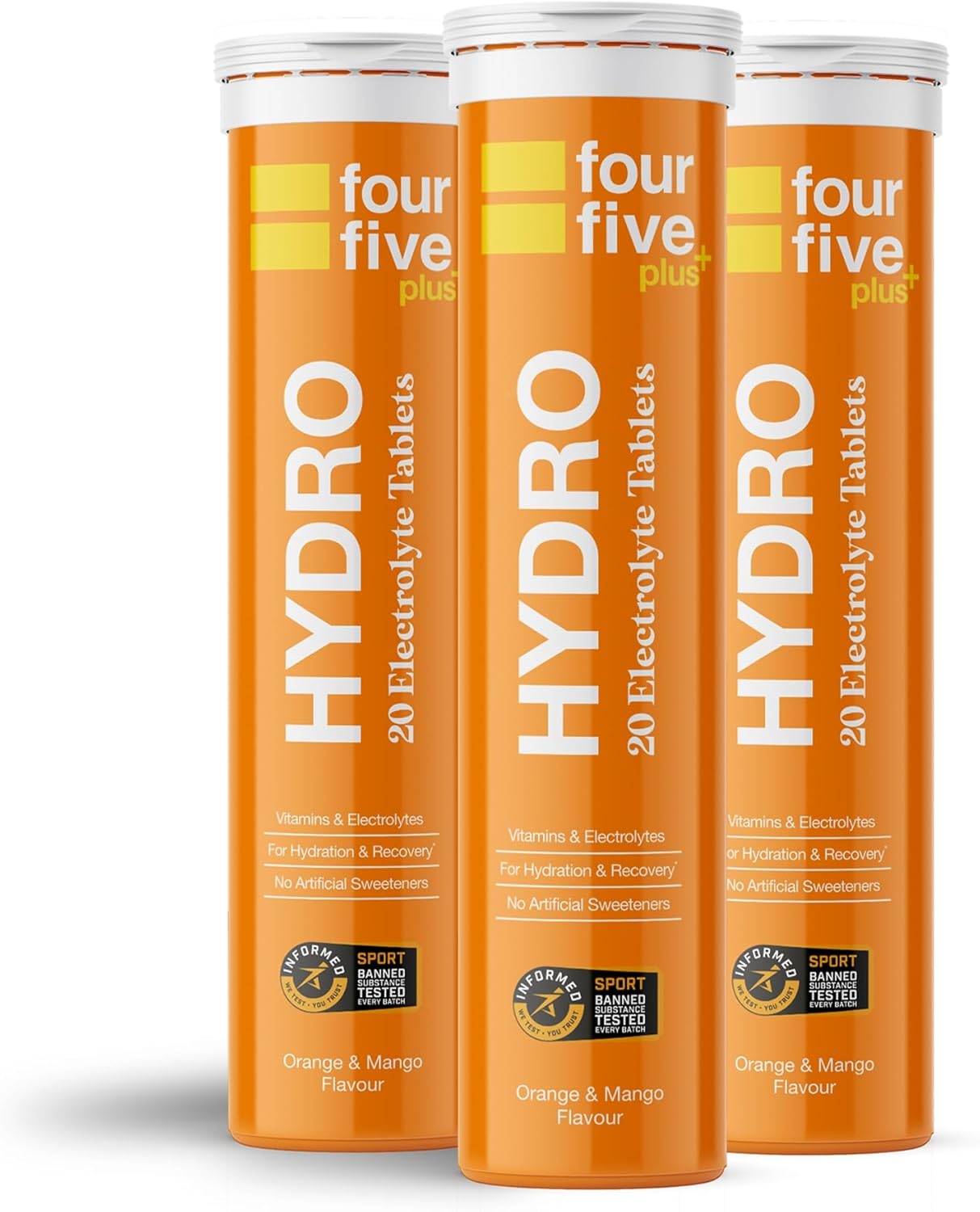 fourfive Hydration Tablets (Orange & Mango) Low Calorie Vitamin Electrolytes, Vegan, Magnesium & Calcium, Sports Hydration - 3x20 Effervescent Tablets