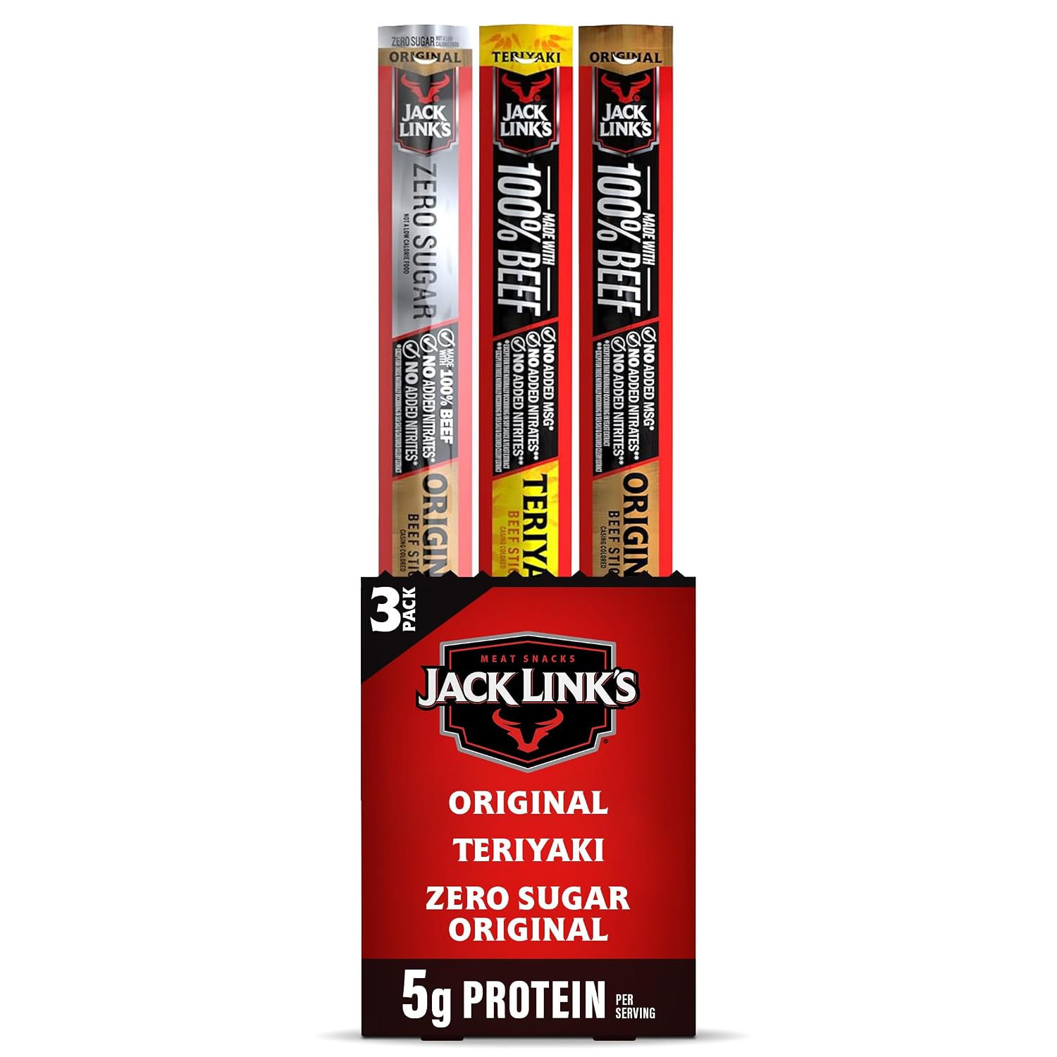 Jack Link's Beef Sticks, Original, Zero Sugar, Teriyaki - Protein Snack, Meat Stick with 5g of Protein, Meat Snack Sticks Made with 100% Beef, Keto & Paleo Diet Friendly - 0.92 Oz.Pack of 3
