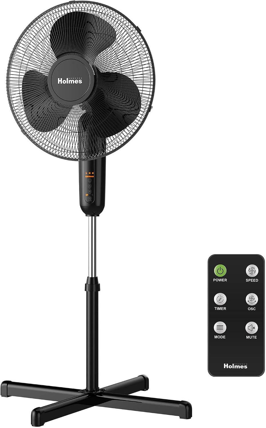 HOLMES 16" Digital Stand Fan, 80° Oscillation, 3 Speeds, 3 Modes, 7.5 Hour Timer, Adjustable Height, 30° Adjustable Head Tilt, Ideal for Home, Bedroom or Office, Remote Control, Black