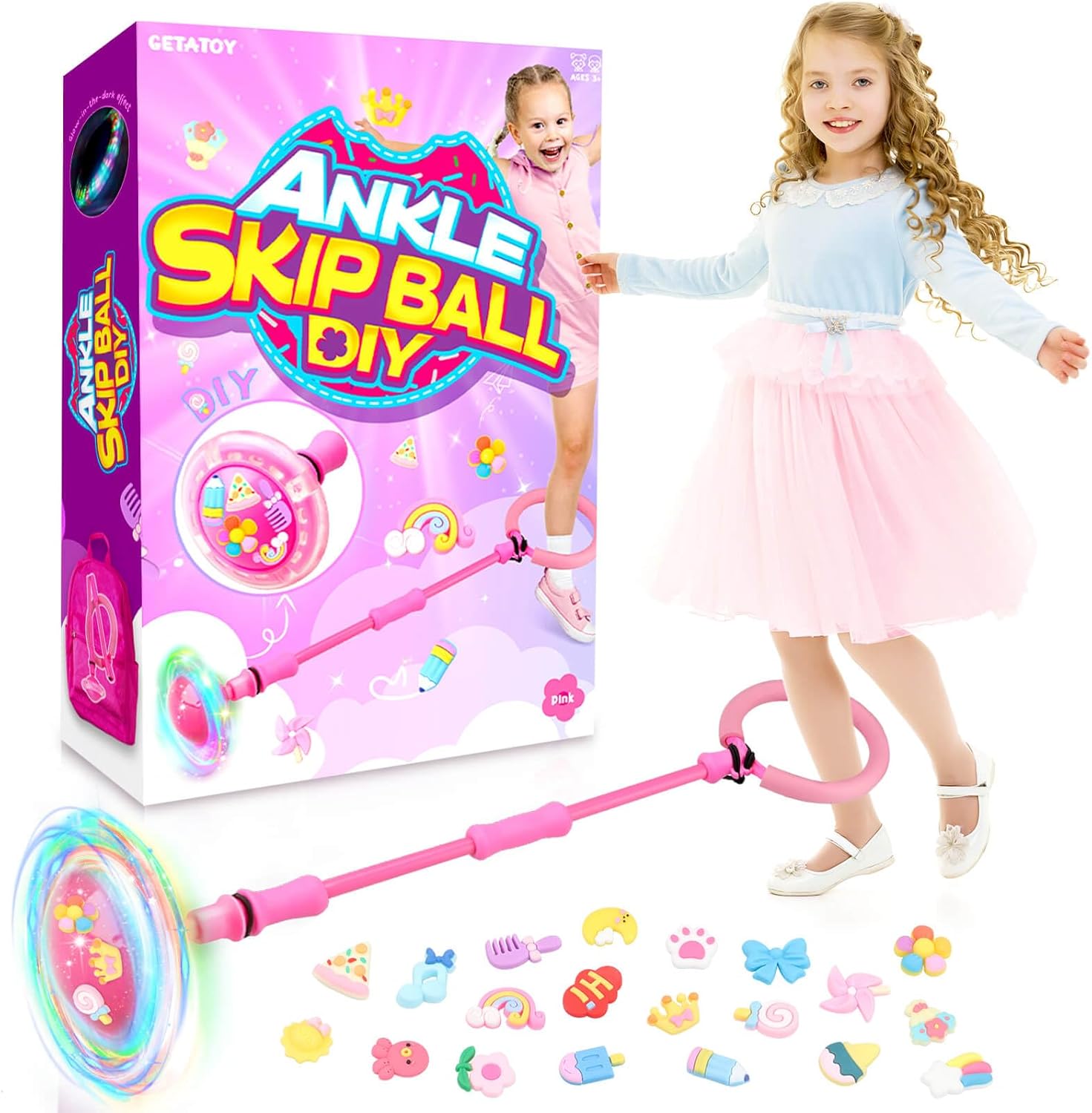 Getatoy Toys for 3-8 Year Old Kids: Ankle Skip Ball Toy for Kids Gifts for 3 4 5 6 7 8 9 10 Year Old Boys Girls Flashing Wheel Skip Ball Fitness Sports Toy Outdoor Skipping Game Toys Pink