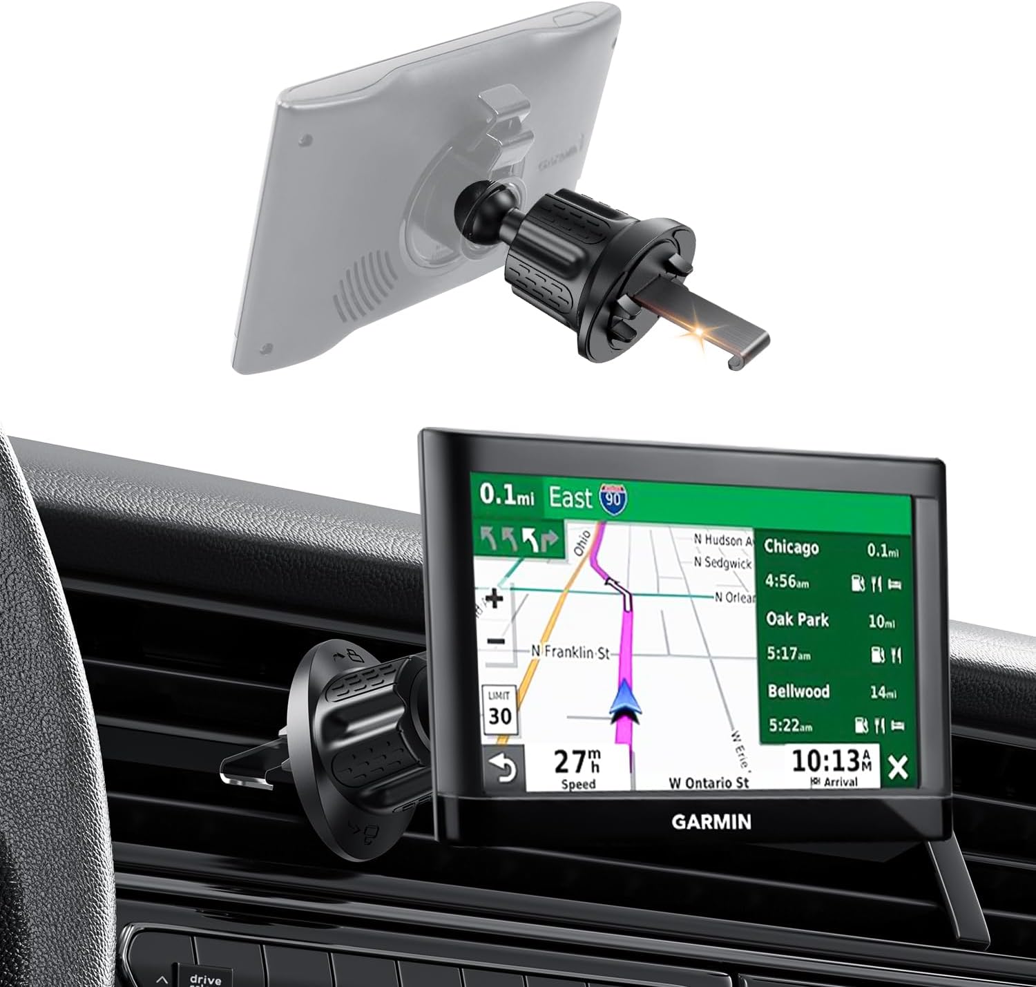 GPS Car Mount for Garmin GPS – a stable car air vent holder featuring an upgraded metal hook and a 17 mm ball mount. This versatile GPS holder for car is fully compatible with the Garmin Nuvi Series.
