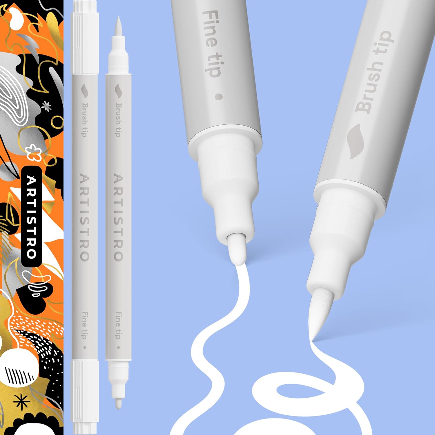 ARTISTRO 2 White Dual-Tip Acrylic Paint Pens Art Supplies - Multisurface Markers for Fabric, Plastic, & More, 1 mm Fine & Brush Tips