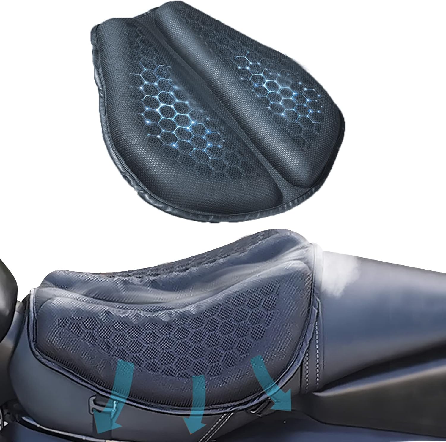 PhyiFlbey Foldable Motorcycle Gel Seat Cushion，Motorcycle Seat Cover Large 3D Honeycomb Structure Shock Absorption Breathable Seat Pad for Long Rides