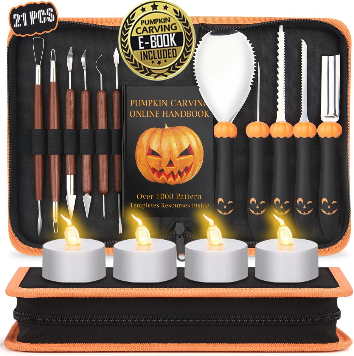 Upgraded 21 PCS Pumpkin Carving Kit for Adults & Kids with Professional Detail Sculpting Tools, Heavy Duty Stainless Steel Knife Set with Carrying Case for Halloween Decoration