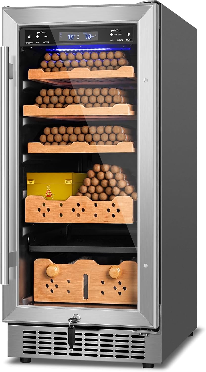Electric Cigar Humidor,15 Inch Upgraded Large Capacity Electric Cigar Cabinet with Powerful Compressor, Digital LED Screen, Safety Lock,Smart Temperature Control
