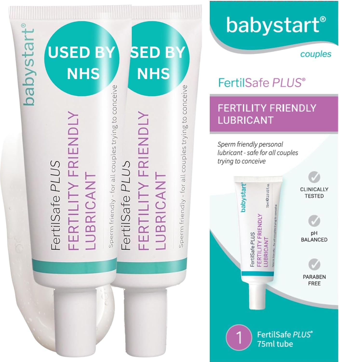 Babystart Fertility Lubricant Duo Pack - FertilSafe Plus 2X 75- Pre-Filled Lubricating Gel Tube - Natural, Water Based Lubrification, Personal Fertile Friendly Lubricant for Couples Trying for a Baby