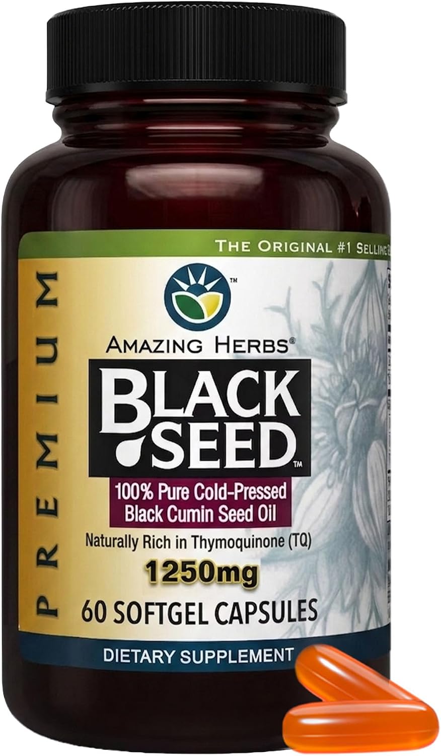 Amazing Herbs Premium Black Seed Oil - 60 Count Softgels, 1250mg
