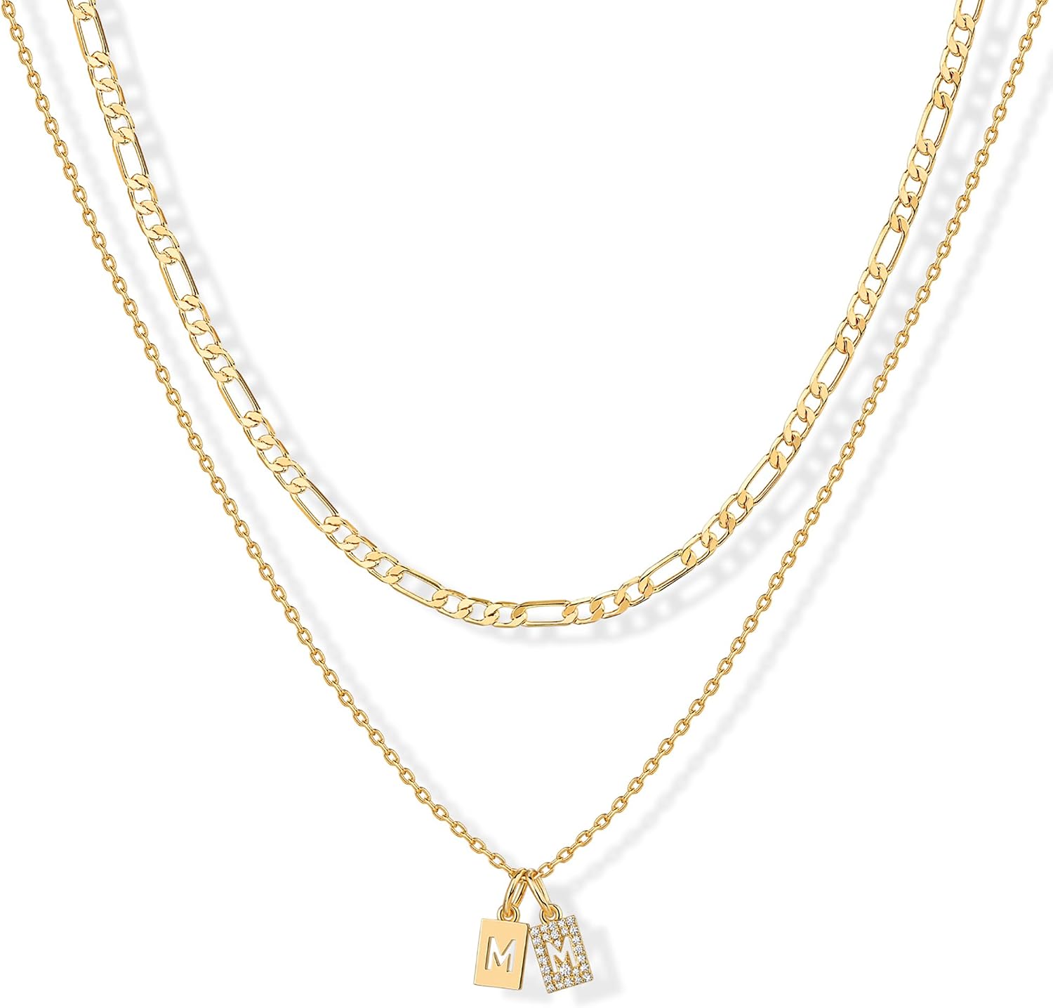 PAVOI 14K Gold Plated Initial Letter Double Dog Tag Pendant Necklace | Dainty Cubic Zirconia Letter Tag Round Box Chain Necklaces for Women
