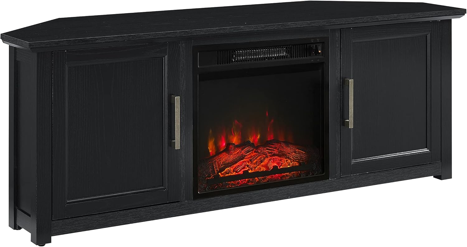 Crosley Furniture Camden Corner Fireplace TV Stand for 65+ inch TVs, Entertainment Center with Storage Shelves, Black