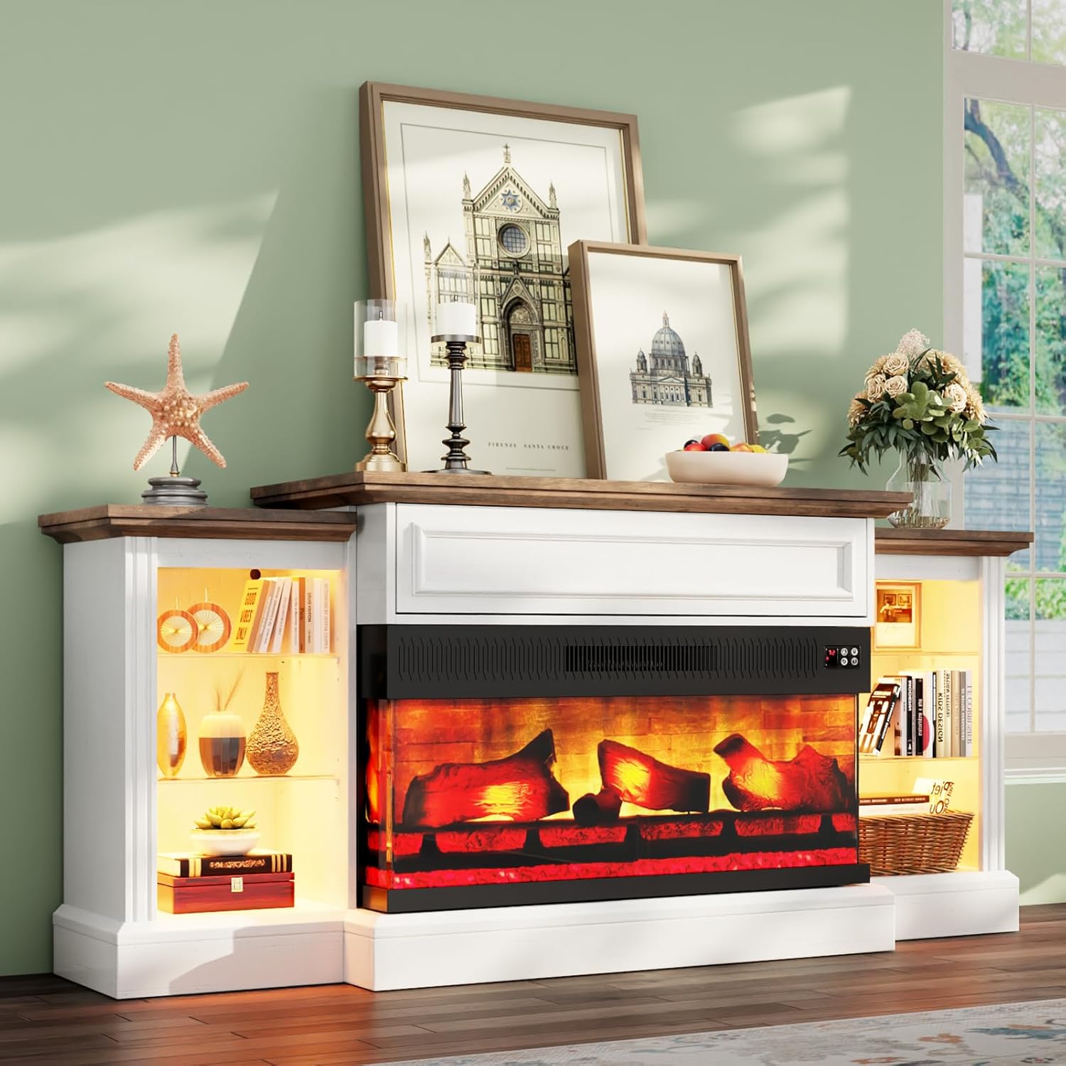 AMERLIFE 60" Electric Fireplace with Mantel, Farmhouse 3-Sided Fireplace TV Stand for TVs up to 65 Inch, Entertainment Center with Adjustable Shelves & LED Light, Distressed White
