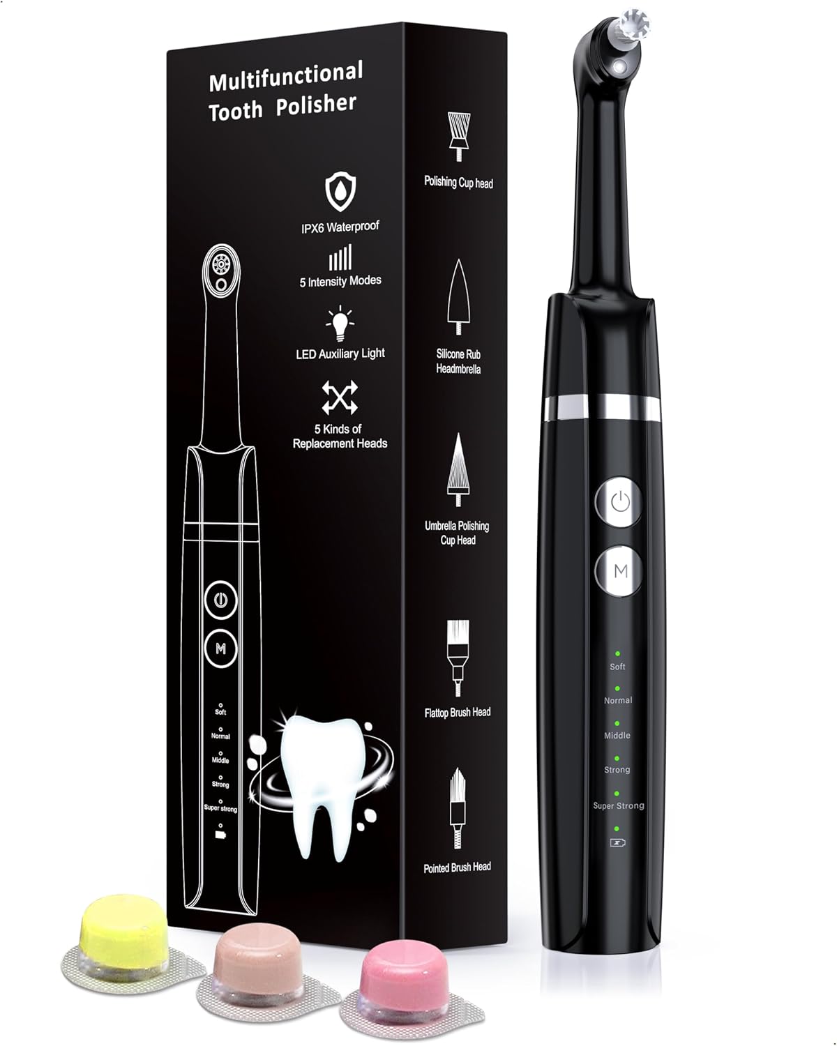 Tooth Polisher, Trueocity Teeth whitening kit with 5 Modes for Plaque Stain Removal Yellow Teeth, Teeth Polisher Stain Remover with 5 Heads & 3 polishing Paste, Rechargeable