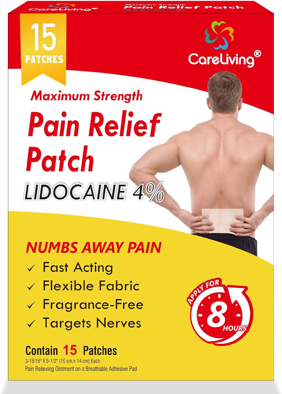 4% Lidocaine Pain Relief Patch, 15 Count, 3.9” x 5.5”, Maximum Strength Gel Patches for Back Knee Neck Joint Ache Muscle Soreness, Portable Heating Pad, Multi-Purpose Heat Wraps