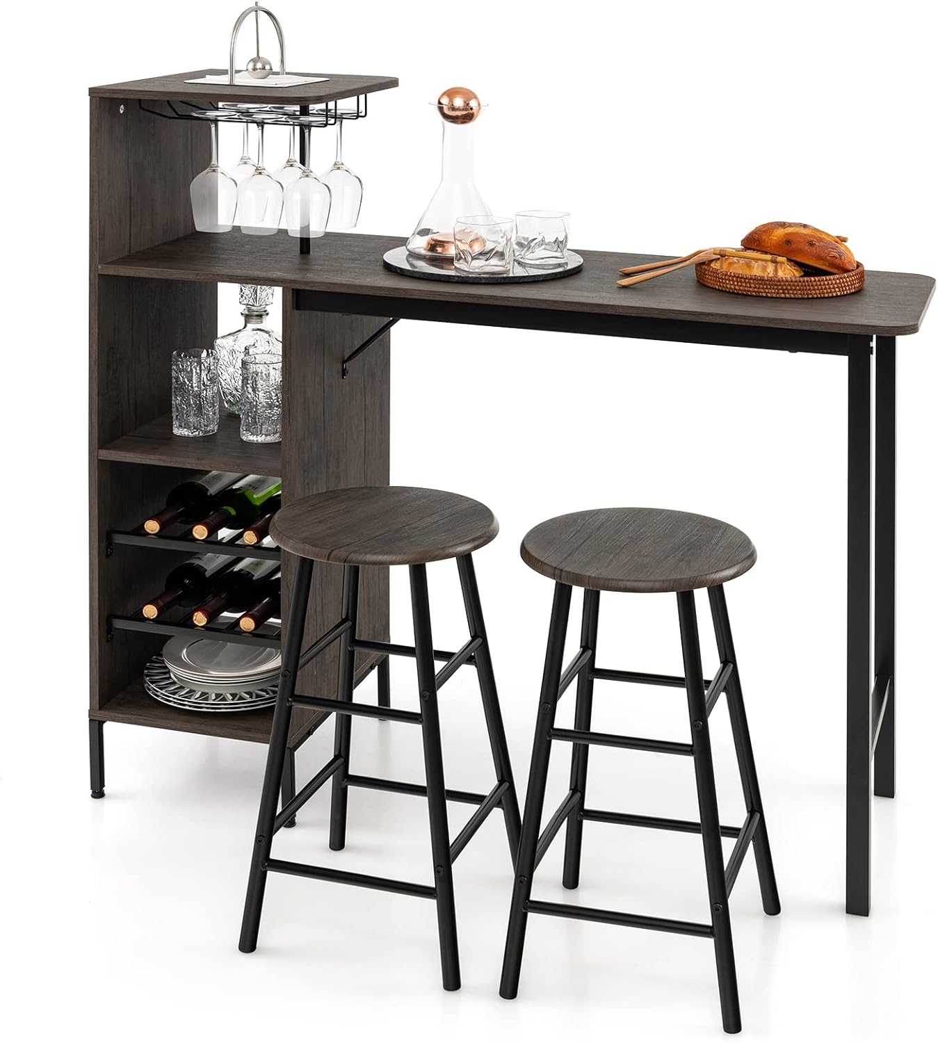 TANGZON 3 Pieces Bar Table Set, Steel Frame Dining Table and 2 Stools with Wine Racks, Glass Holders, Open Shelves & Footrest, Breakfast Dining Furniture Sets for Home Kitchen Pub Cafe (Brown)