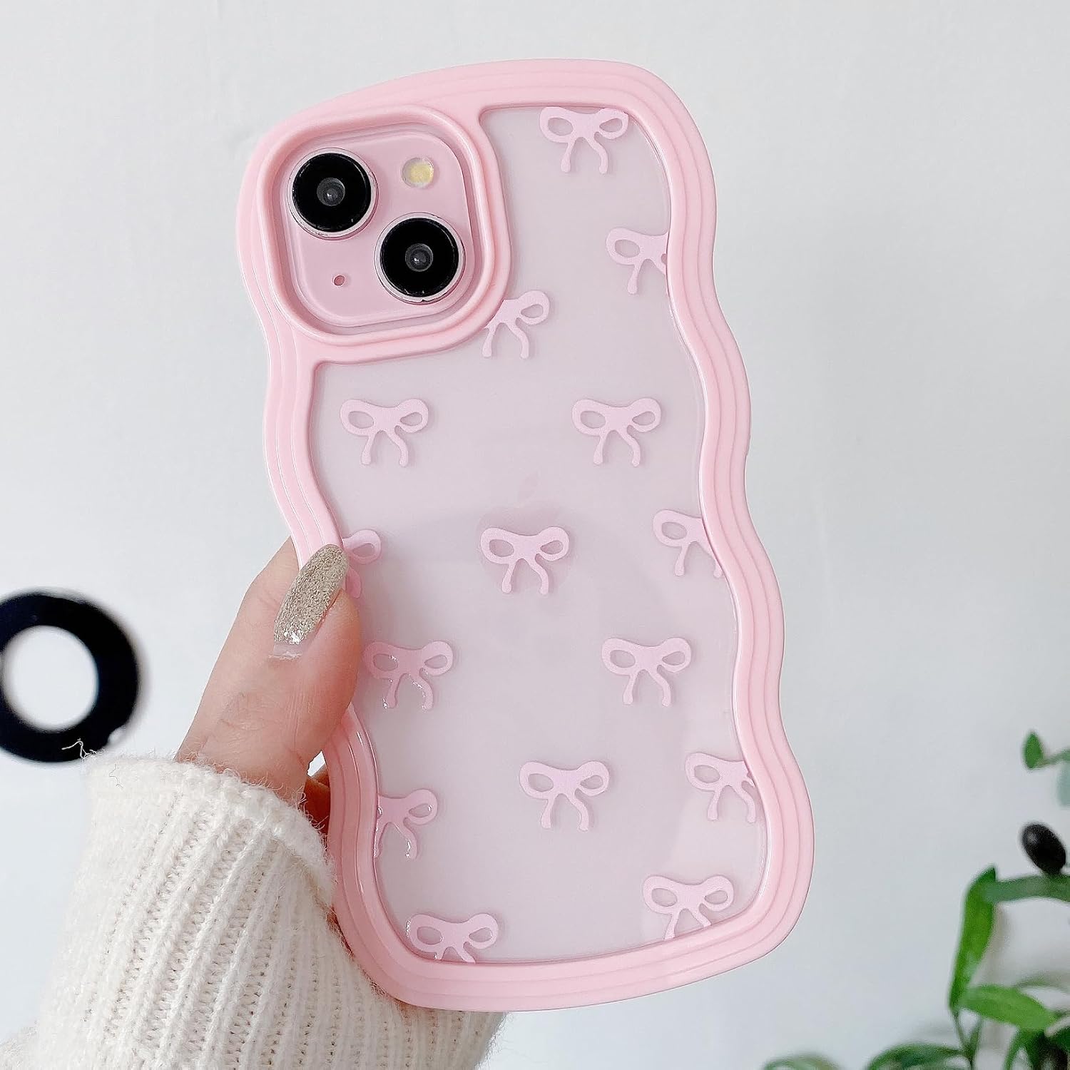 QLTYPRI Bow Case for iPhone 13/iPhone 14, Clear Cute Ribbon Bow Phone Case Curly Wavy Aesthetic Phone Case, Slim Soft Transparent Shockproof Protective Cover for Women Girls - Pink