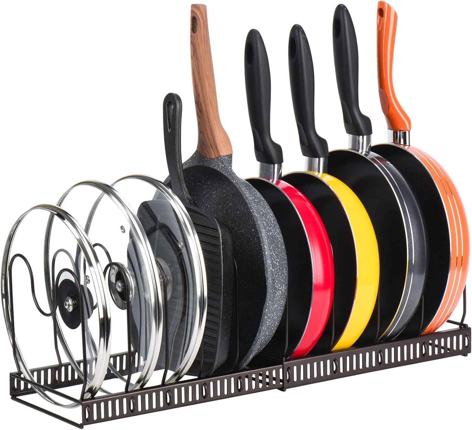 Toplife Expandable Pans Organiser Rack, 10 Adjustable Compartments, Pantry Cupboard Bakeware Lid Plate Holders, Brown
