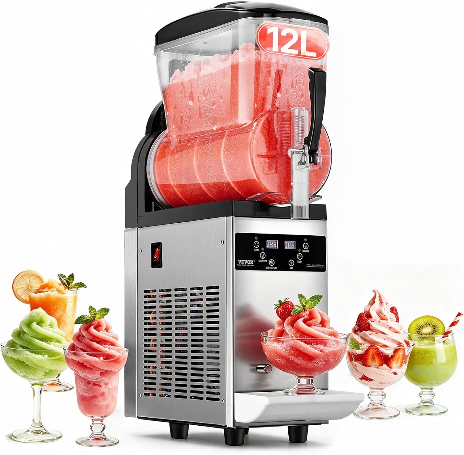 VEVOR Commercial Slushy Machine, 12L Single Tank Frozen Drink Machine, 48 Cups Stainless Steel Margarita Smoothie Frozen Drink Maker, Slushie Maker for Home Party Restaurants Cafe Bars