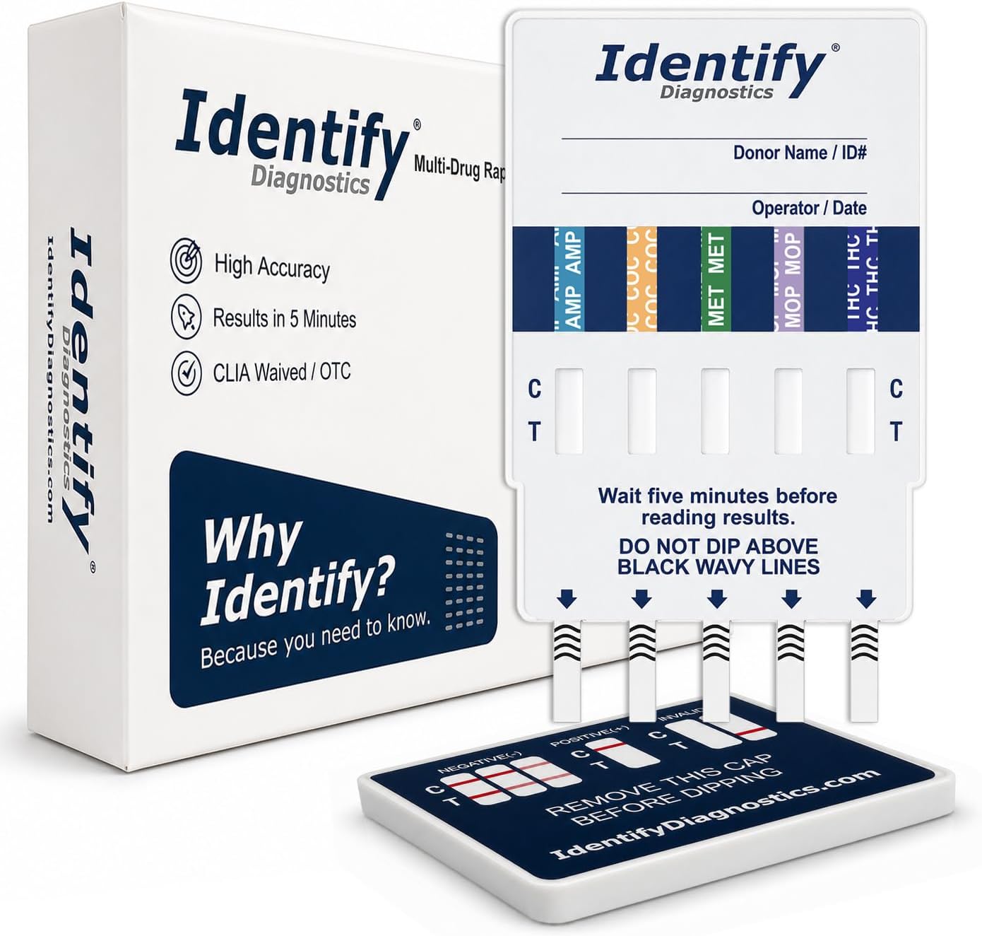 Identify Diagnostics Drug Test Cards | 5 Pack | 5 Panel Dip CLIA Waived Instant Urine Marijuana Drug Test Dip Kit for AMP,COC,MET,MOP|OPI,THC