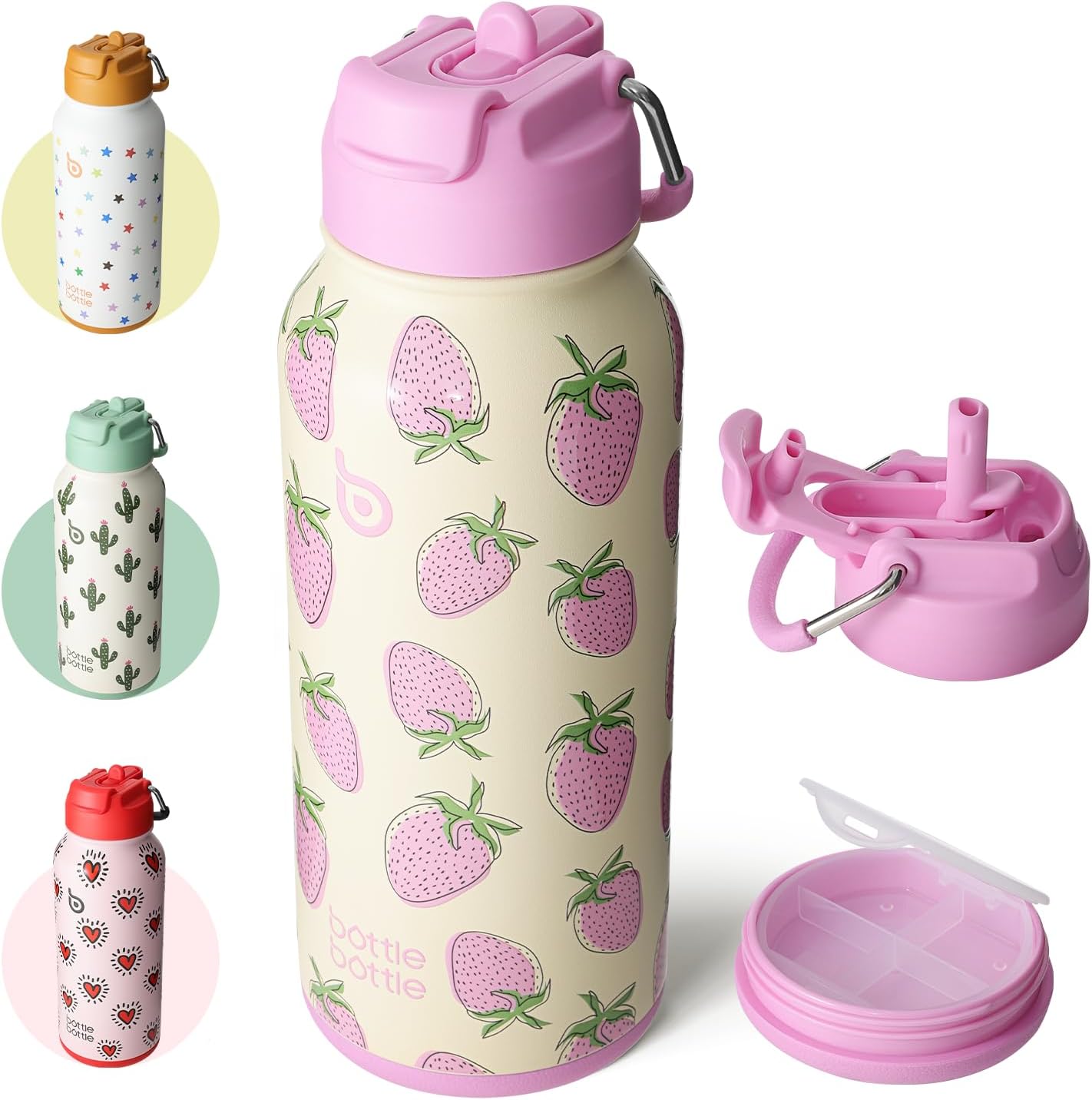 bottlebottle Insulated Water Bottle 950ml(32oz) Stainless Steel Sports Water Bottles with Straw Dual-use Lid Drink Flask Design for Gym with Pill Box (Sweet Oasis)