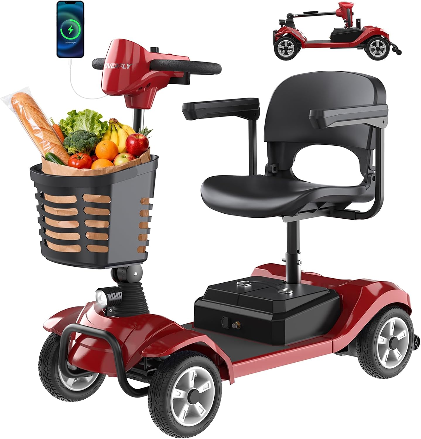 Hoverfly T4 4-Wheel Mobility Scooter for Seniors/Adults, Max 12.4 Miles | Max 3.7mph, 9" Solid Tires, 330 lbs Capacity, 360° Swivel Seat, Removable Battery, Anti-Slip Rear Wheel, Easy Assembly, Red
