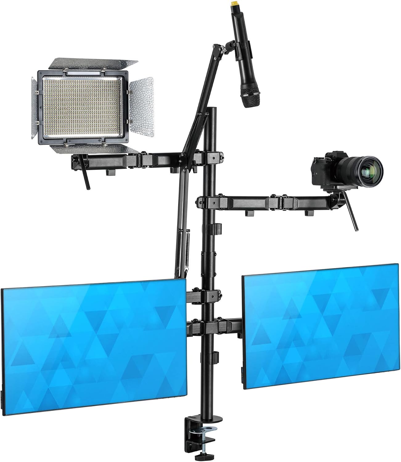 Mount-It! All in One Live Streaming Equipment | 5 Arm Streaming Desk Mount That Holds Dual Monitors, Cameras and Ring Light with Mic | YouTube Setup for Recording and Facebook Live Equipment