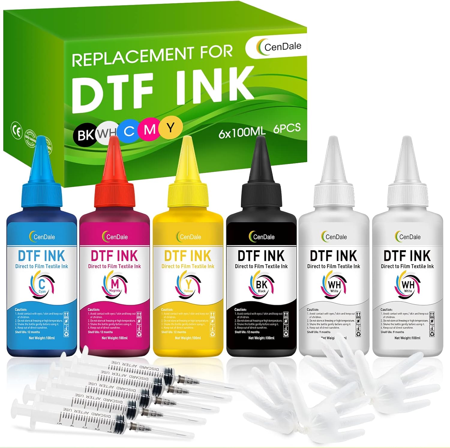 CenDale Premium DTF Ink 600ML - DTF Transfer Ink for PET Film, Refill for Epson ET-8550, XP-15000, L1800, L805, R1390, R2400, Heat Transfer Printing Direct to Film (100ml x 6, CMYK)