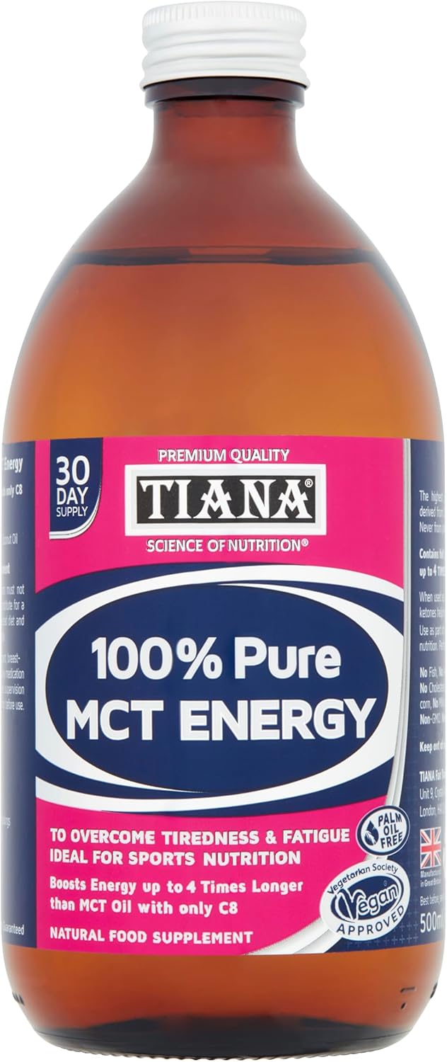 Tiana Fairtrade Organic Pure MCT Oil Energy, Weight Loss. Unflavoured, 500ml Glass Bottle