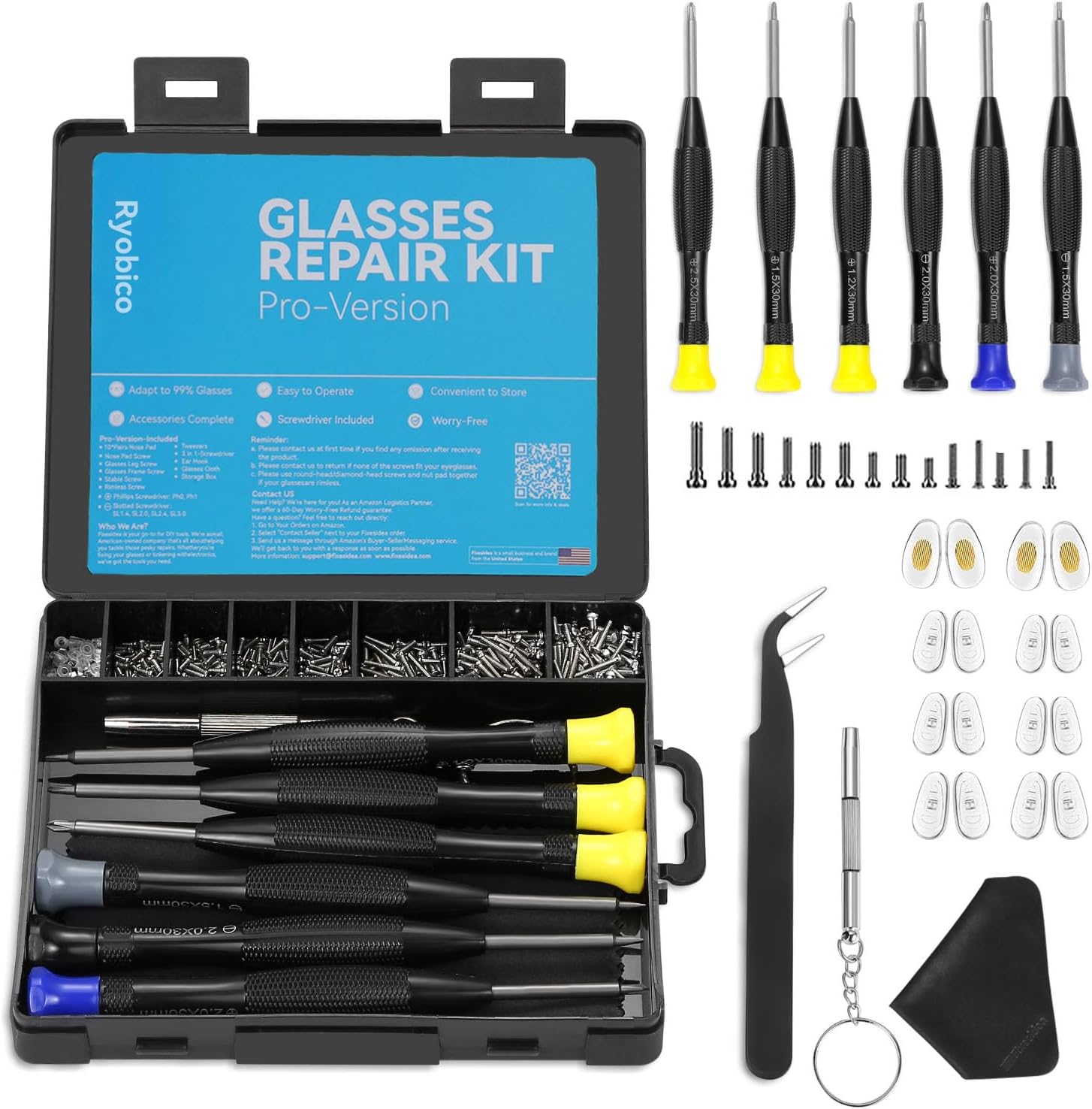 Glasses Repair Kit, Spectacle Repair Screwdriver Tool Set, 6 Magnetic Screwdriver and 10 Pairs Nose Pads, Mini Screwdriver, Screws, Tweezers, Glasses Cloth for Glasses, Sunglass and Watch Repair