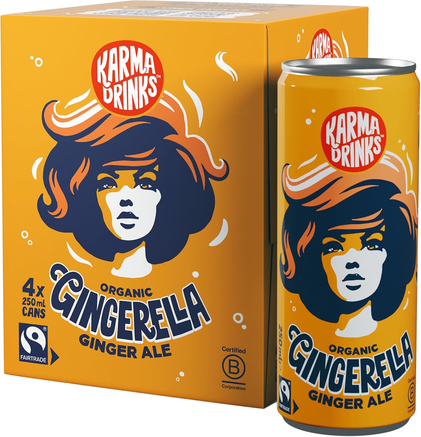 KARMA DRINKS Gingerella Ginger Ale (250 ml x 4 Cans Soft Drink), Organic, Gluten Free Organic Cola, Natural Ingredients, FairTrade, Vegan Friendly, No GMO, Carbonated Fizzy Drinks 4 Pack
