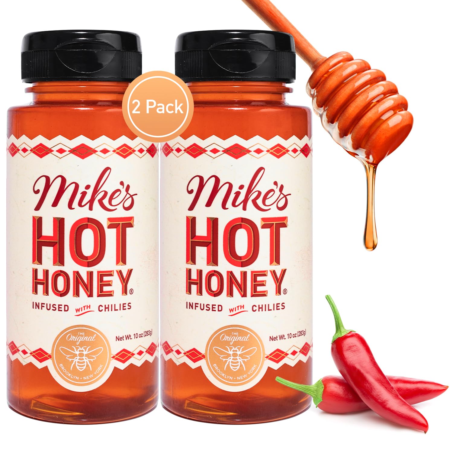 Mike's Hot Honey, America's #1 Brand of Hot Honey, Spicy Honey Infused with Chili Peppers, Certified Kosher, Sweet Heat, Perfect for Hot Sauce Lovers (10oz Bottle, 2 Pack)