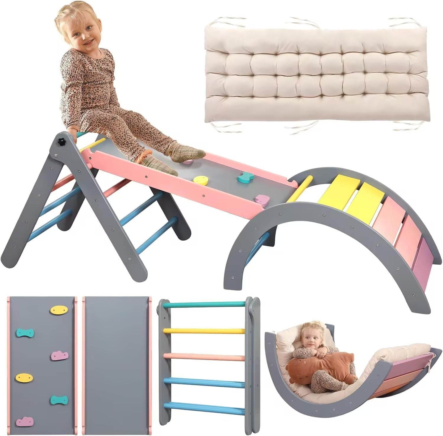 Pikler Triangle Set with Cushion, 7 in 1 Toddler Climbing Toys Indoor