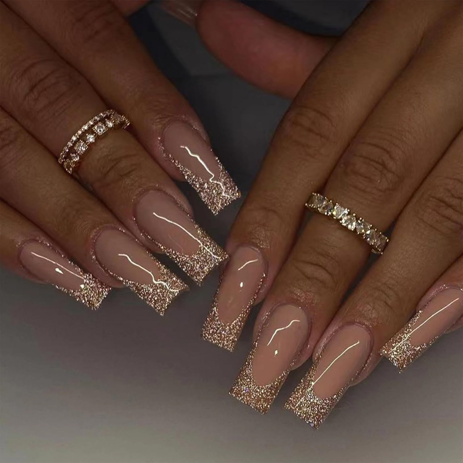 24pcs French Tip False Nails Long Coffin Glitter Gold Edge Stick on Nails Nude Press on Nails Removable Glue-on Nails Fake Nails Women Girls Nail Art Accessories