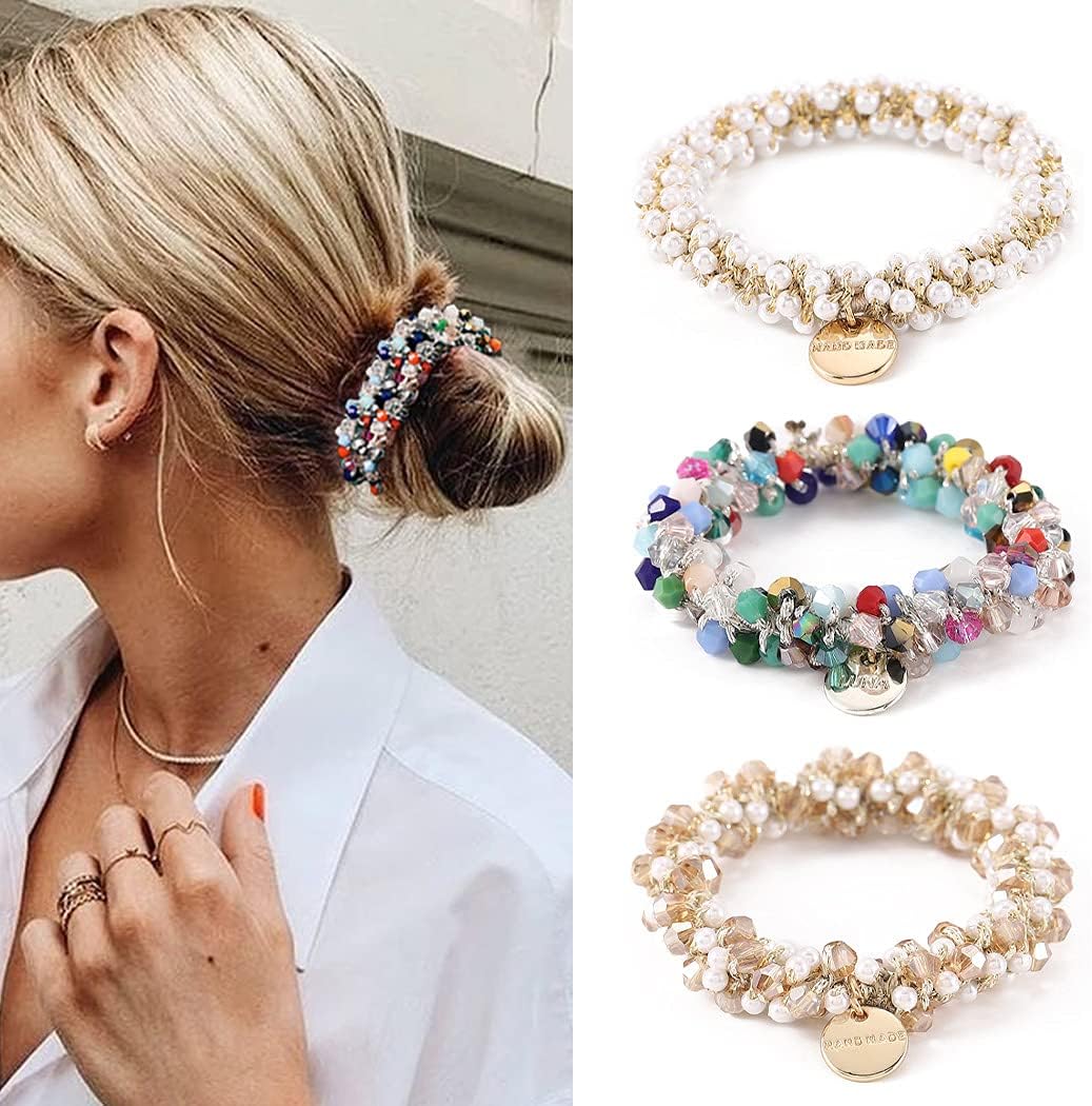 Runmi Hair Ties 3 Pcs Pearl Hair Scrunchies Elastic Stretchy Hair Bands Hair Accessories for Women and Girls