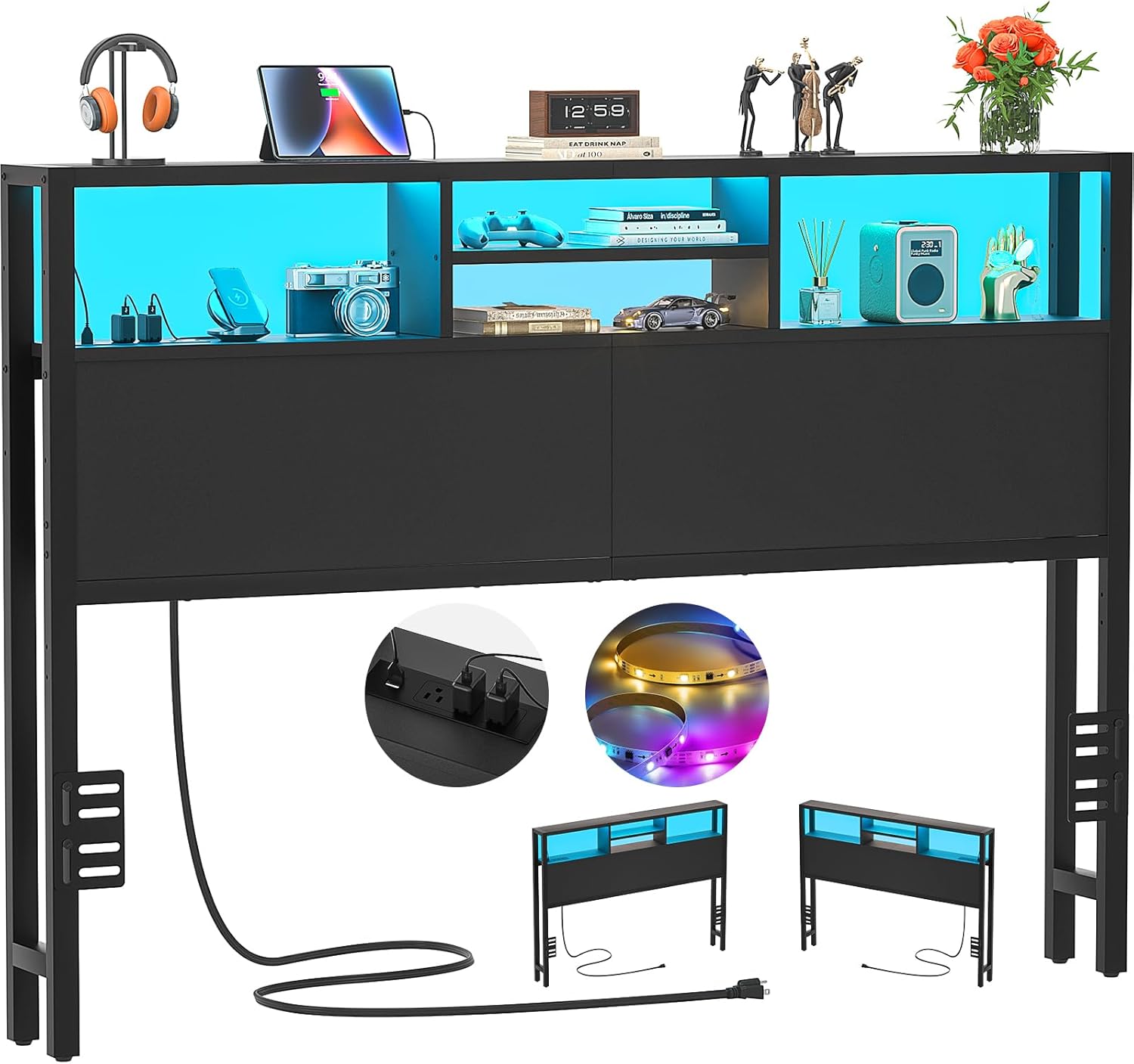Aheaplus Headboard for Queen Size Bed with Storage, Headboards with Outlets, USB Ports and LED Light, Queen Size Head Board Only, Height Adjustable, Reversible, Sturdy and Stable Headboard, Black