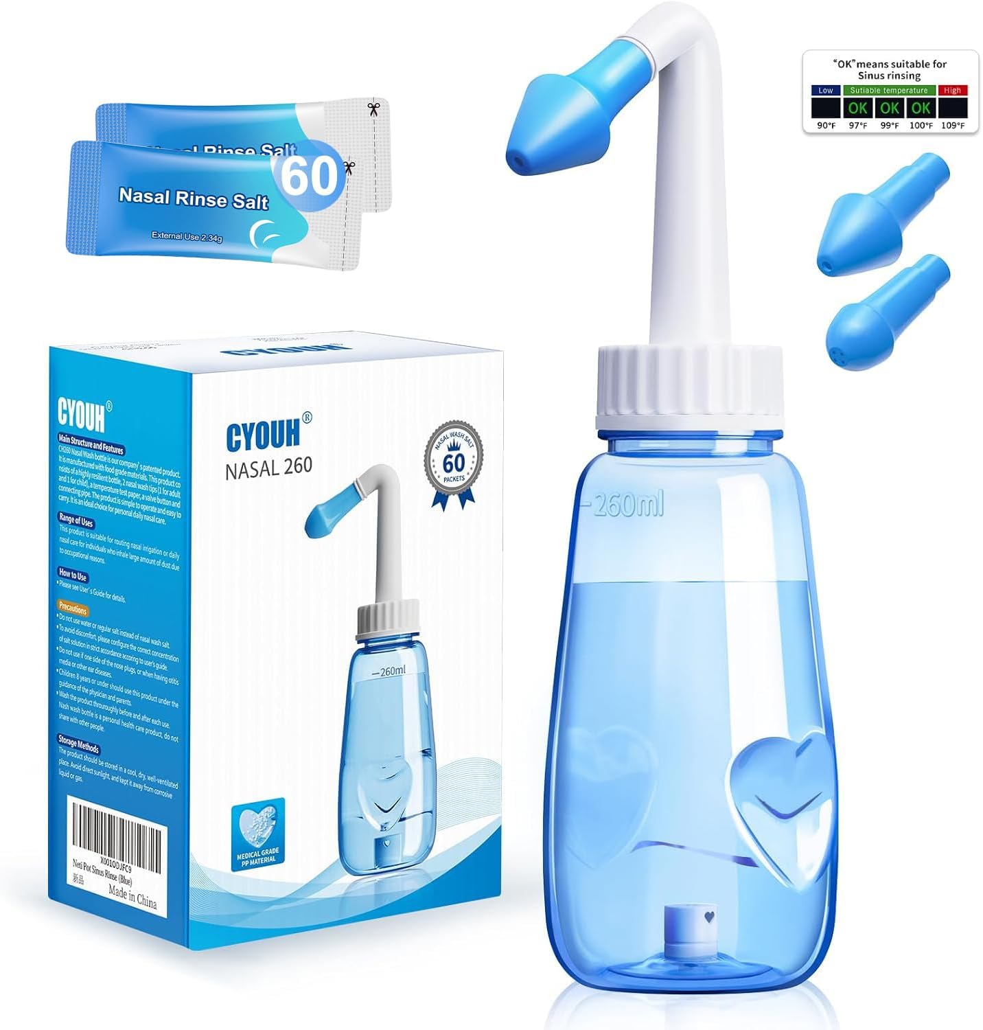 CYOUH Sinus Rinse Kit, Neti Pot 260 ml, with 60 Packets Nasal Wash Salt, Nasal Wash Nose Rinsing Cleanse Bottle for Adults, Children, and with Allergic Rhinitis