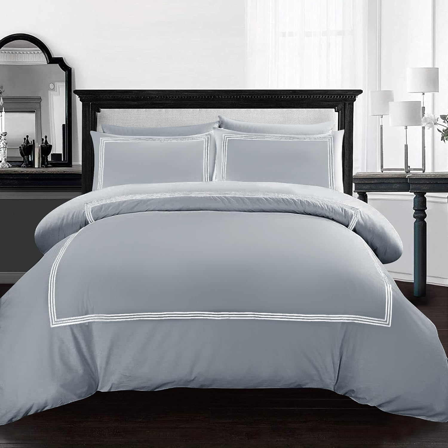 AR Ware Grey Double Duvet Cover Set - Soft Luxury Bratta Stitch Embroidered Microfiber Duvet Sets with 2 Pillowcases - Non Iron Bedding Hotel Quality Quilt Cover