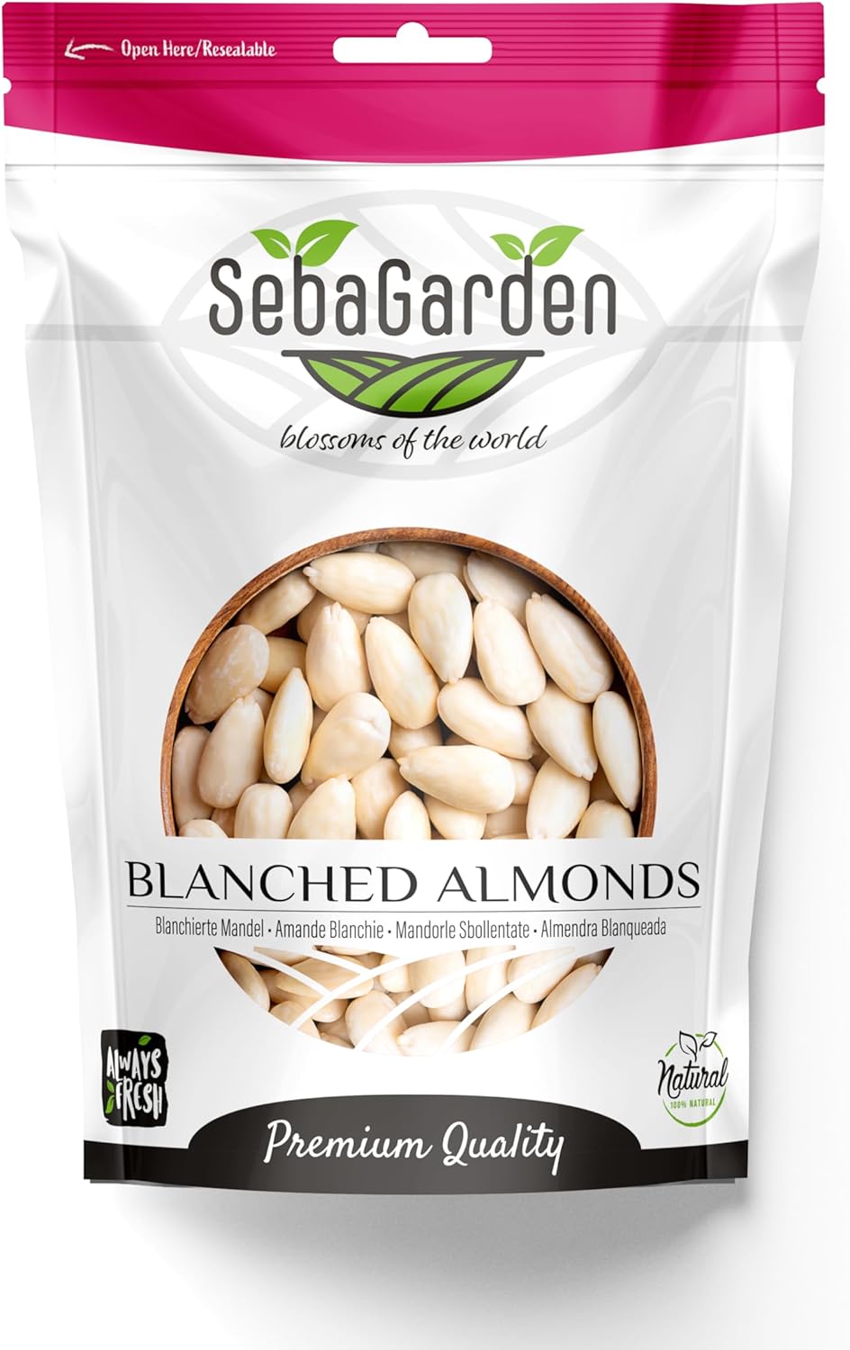 Seba Garden Blanched Whole Almonds, 1 kg / 2.2 Pounds - Non-GMO, Raw, Unpasteurized, Unsalted, Keto, Paleo, Kosher, Bulk, High in Protein, Dietary Fiber, Baking Almond