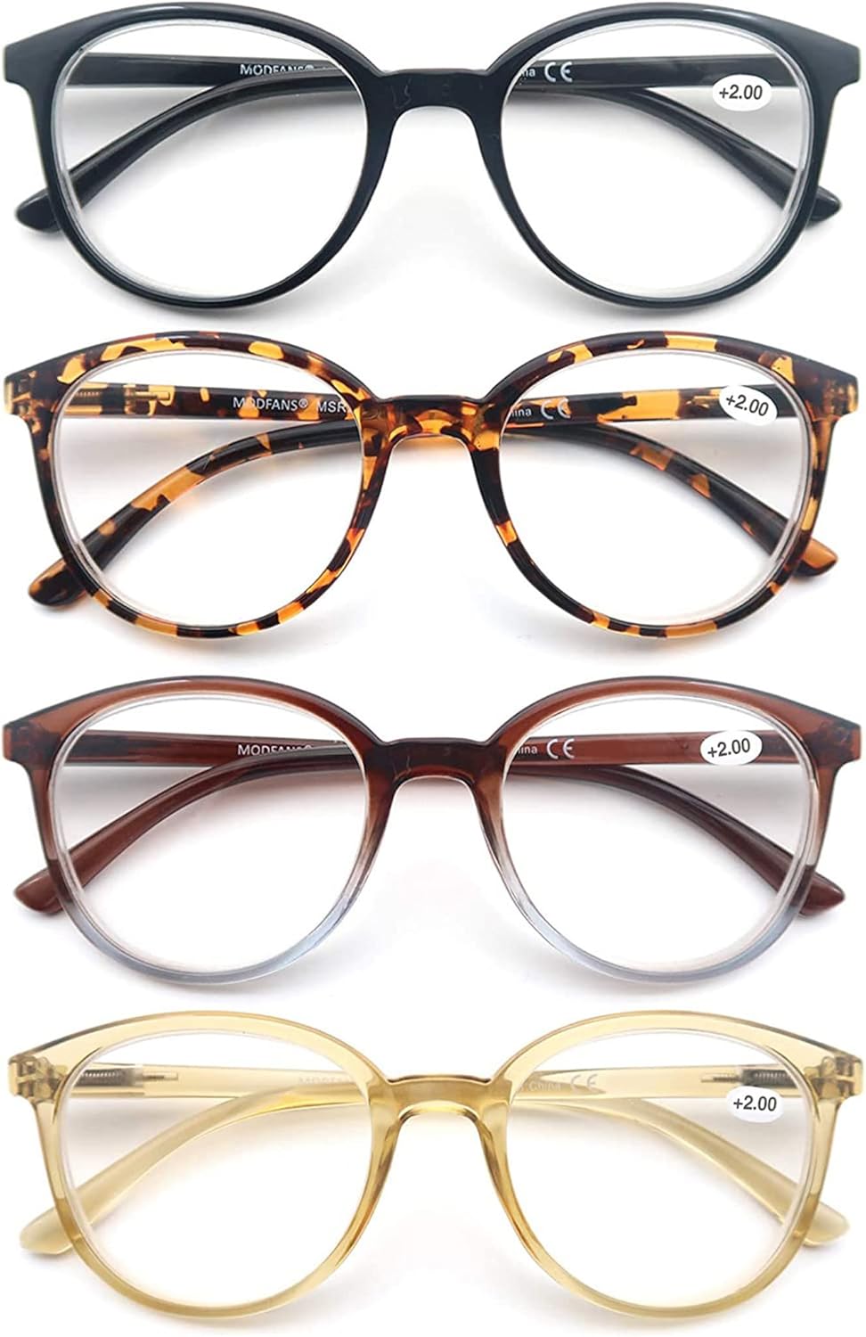 MODFANS 4-Pack Reading Glasses Fashion Printed for Men Women,Eyeglasses Round Frame Comfort Spring Hinges,Readers Black-Brown-Tortoiseshell-Yellow