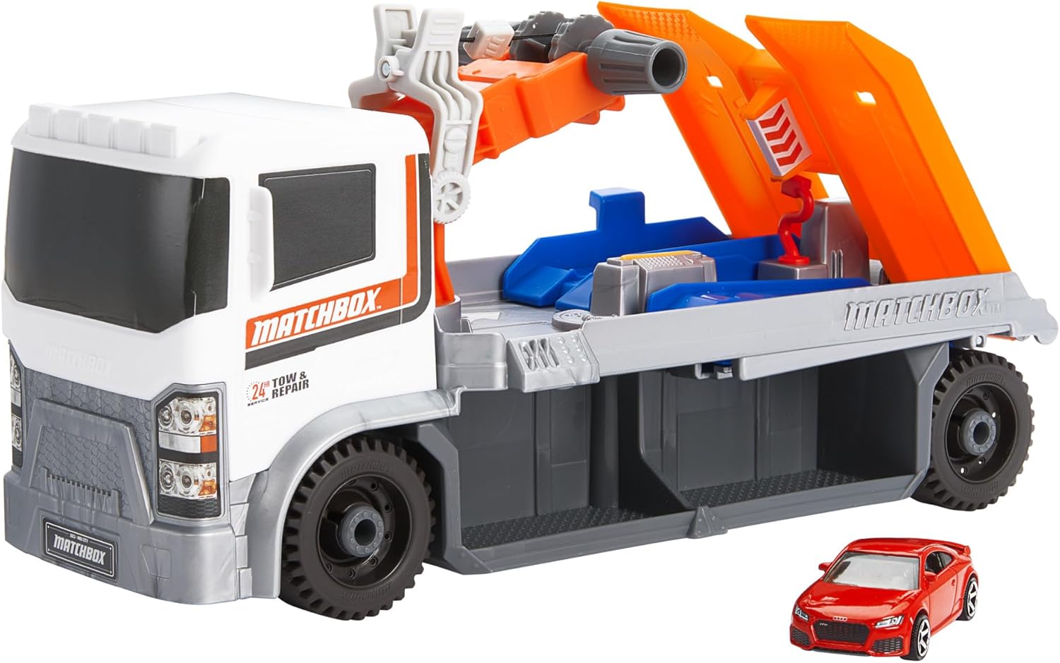 Matchbox Toy Car Age 3+ & Playset, Action Drivers Tow & Repair Truck with 1:64 Scale Toy Audi TT RS Coupe, Working Crane & Diagnostic Machine, HRY43