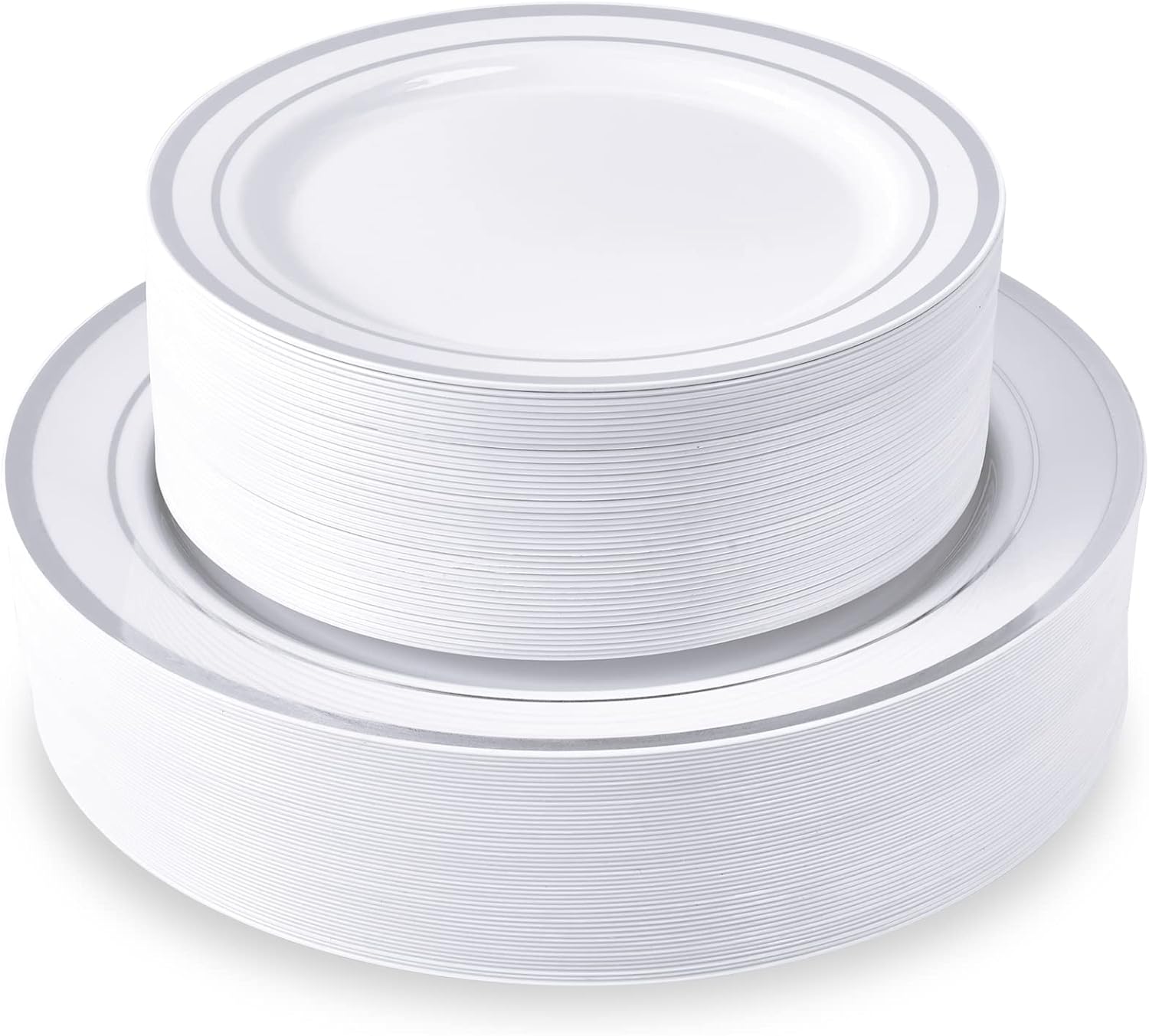 100 Piece Silver Plastic Party Plates, Disposable Silver Plastic Plates, Include 10 Inch Disposable Dinner Plates 50pcs and 7 Inch Dessert Plates Premium Party and Wedding Plates
