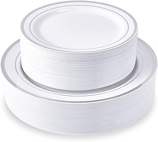 100 Piece Silver Plastic Party Plates, Disposable Silver Plastic Plates, Include 10 Inch Disposable Dinner Plates 50pcs and 7 Inch Dessert Plates Premium Party and Wedding Plates