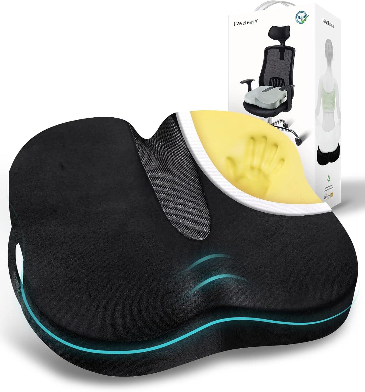 Travel Ease Ergonomic Seat Cushion, Premium Memory Foam Chair Pad with Anti-Slip Base for Long Hours Sitting Comfort, Hip Support Pillow for Office Chair, Car Seat, Gaming Chair (Black)
