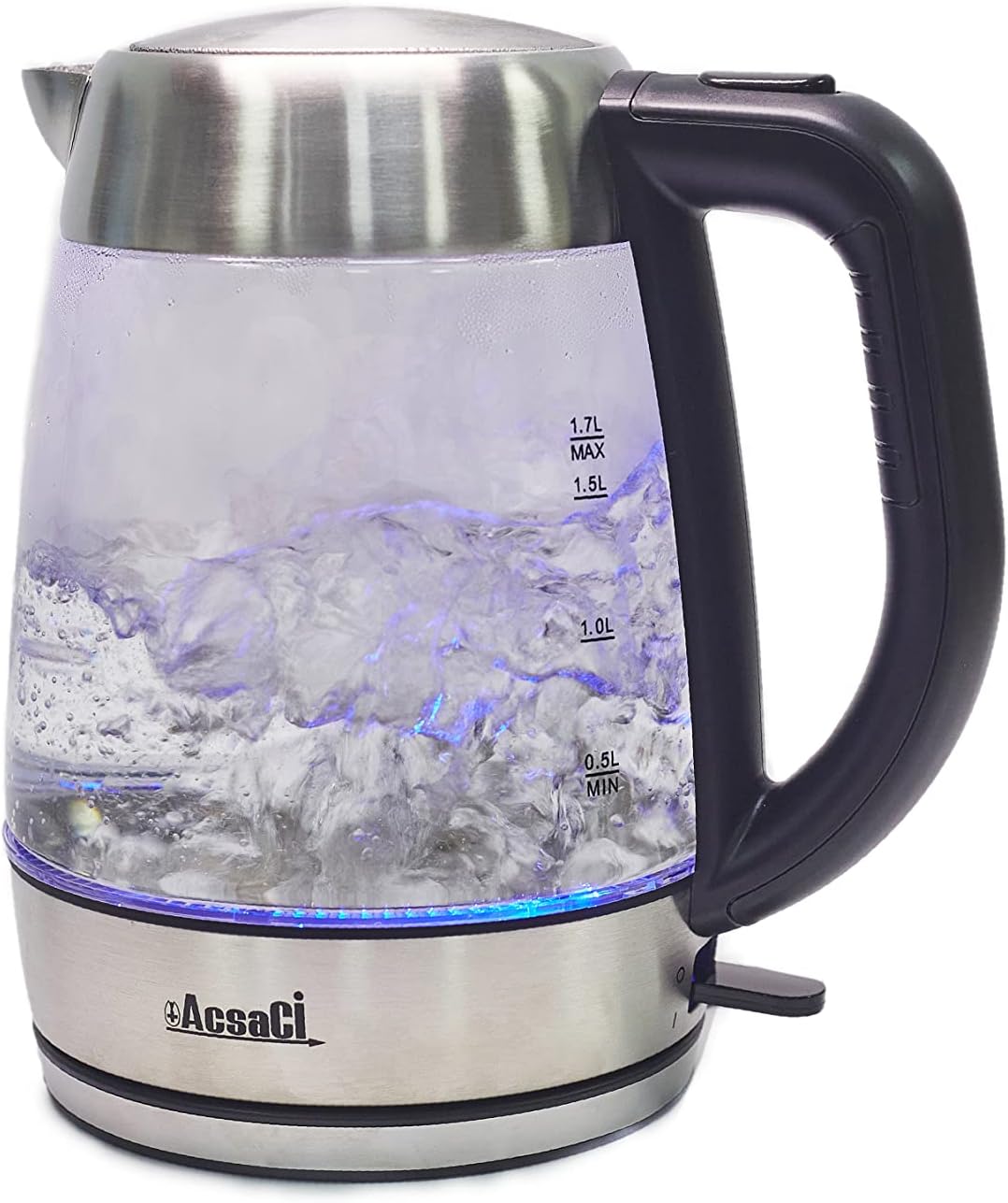 +AcsaCi Premium Glass Kettle - 1.7 Litres 3000W Fast Boiling – Illuminating with LED Lighting Blue – Stainless Steel - British STRIX Thermostat