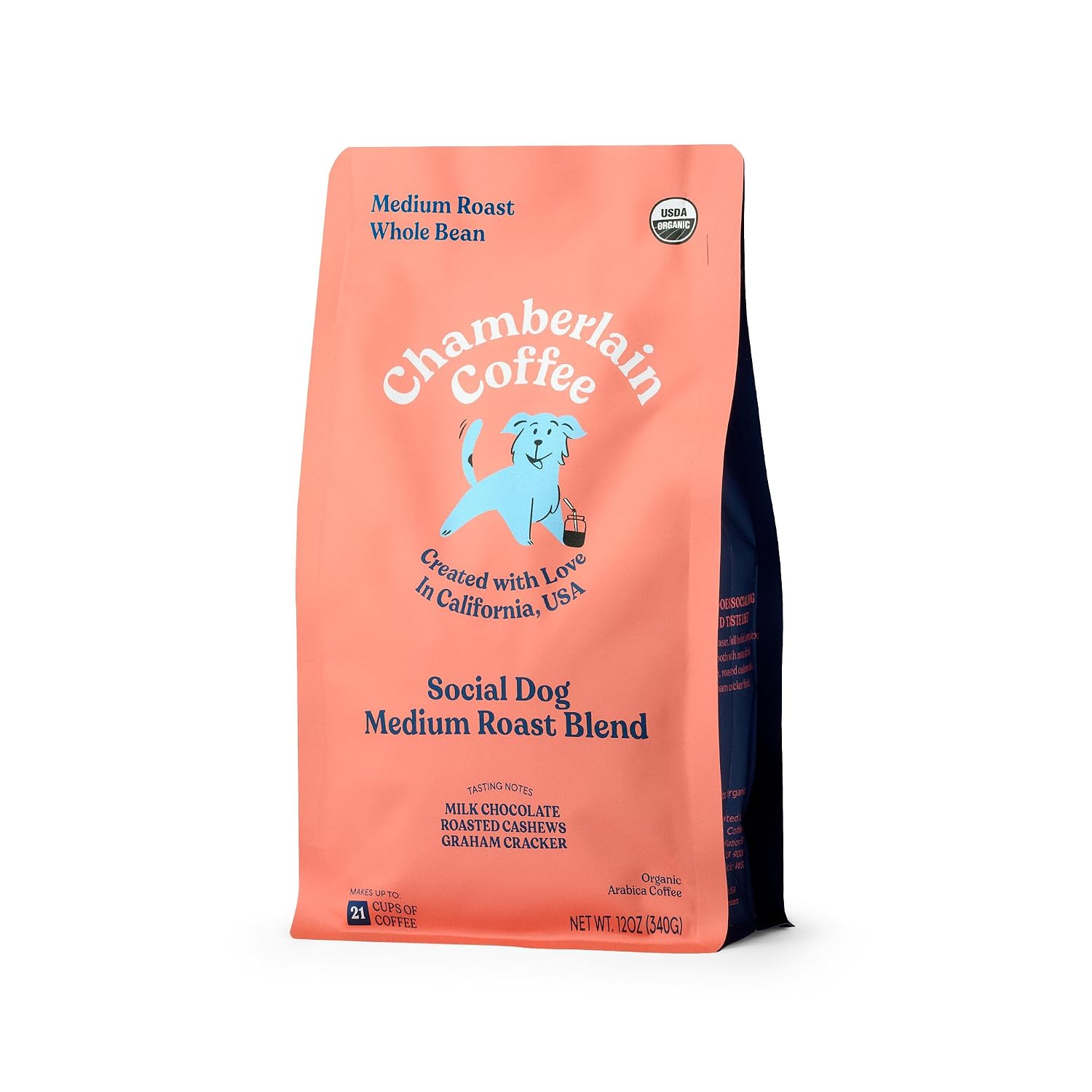 Chamberlain Coffee Social Dog Blend - Full Bodied, Medium Roast Coffee Beans with Notes of Milk Chocolate, Peanuts, Brown Sugar & Graham Crackers - Whole Bean Specialty Coffee Freshly Roasted In California - 12 oz