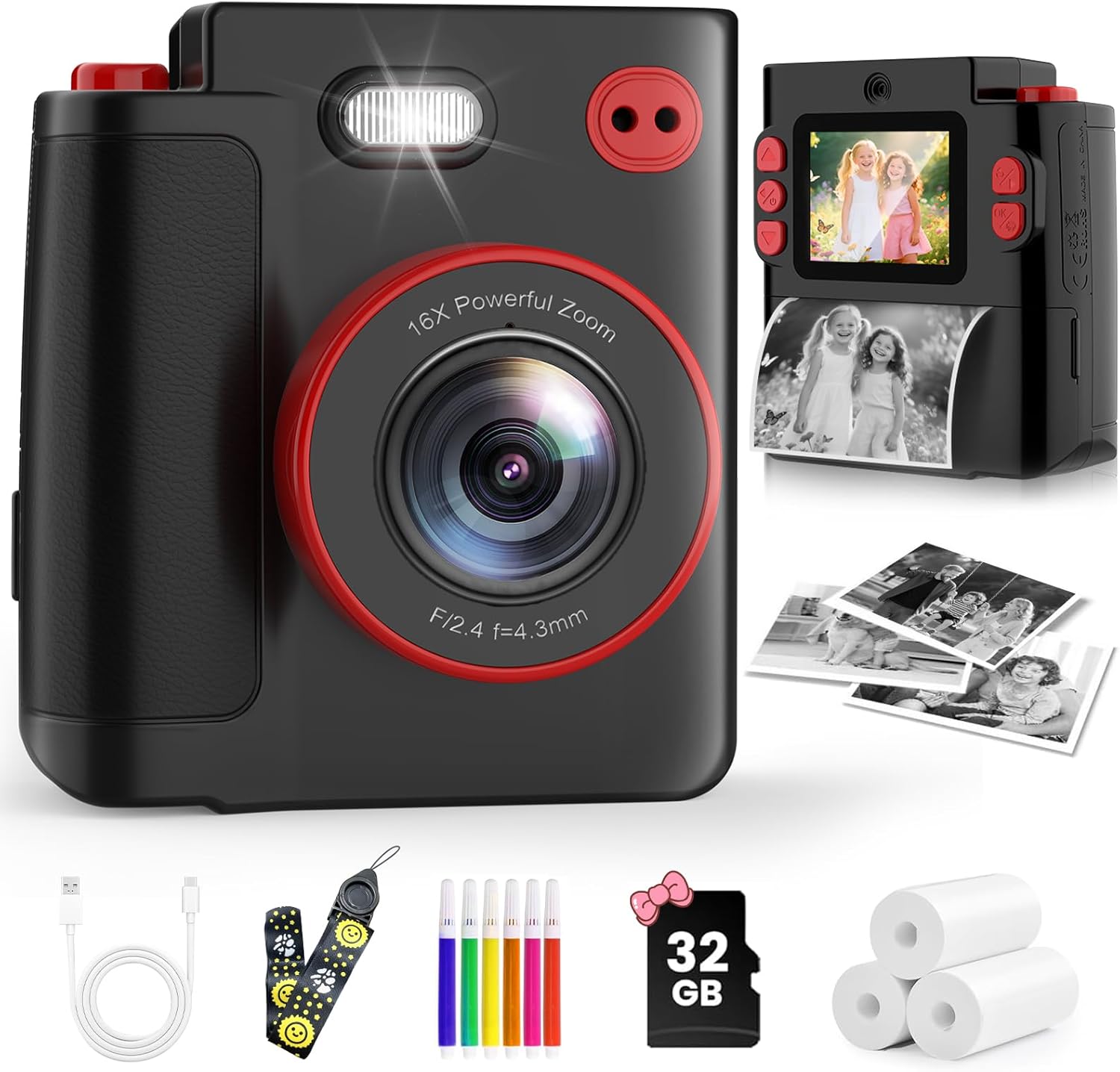 MYSTILUCK Kids Camera Instant Print, 1080P Instant Camera for Kids, Children Digital Cameras with 32GB Card & 3 Rolls Photo Paper, Christmas Birthday Gifts Toys for Boys & Girls Aged 3-12(Black)