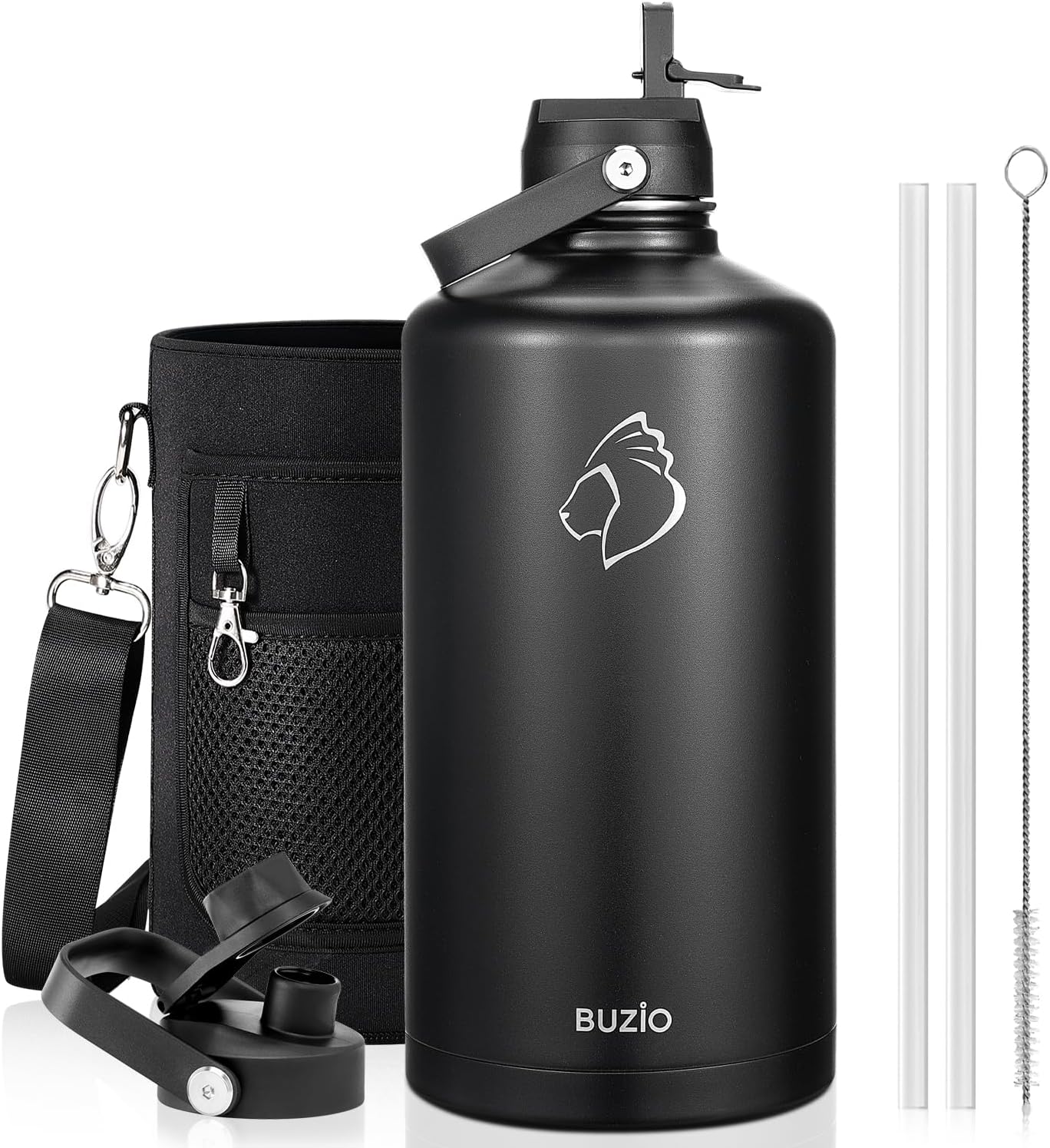 BUZIO 1 Gallon Water Jug with Straw Handle Lid, 128oz Water Bottle Stainless Steel Triple Wall Hydro Jug 18/8 Food Grade Thermo Mug Keep Cold 48H & Hot 24H, Black