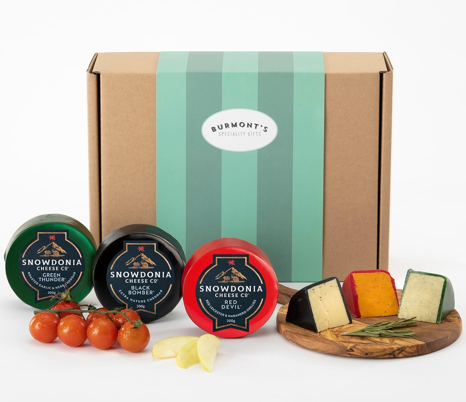 Snowdonia Cheese Company Gift Hamper Containing Three, 200g Truckles - Little Black Bomber, Red Devil & Green Thunder. Hamper Exclusive To Burmont's