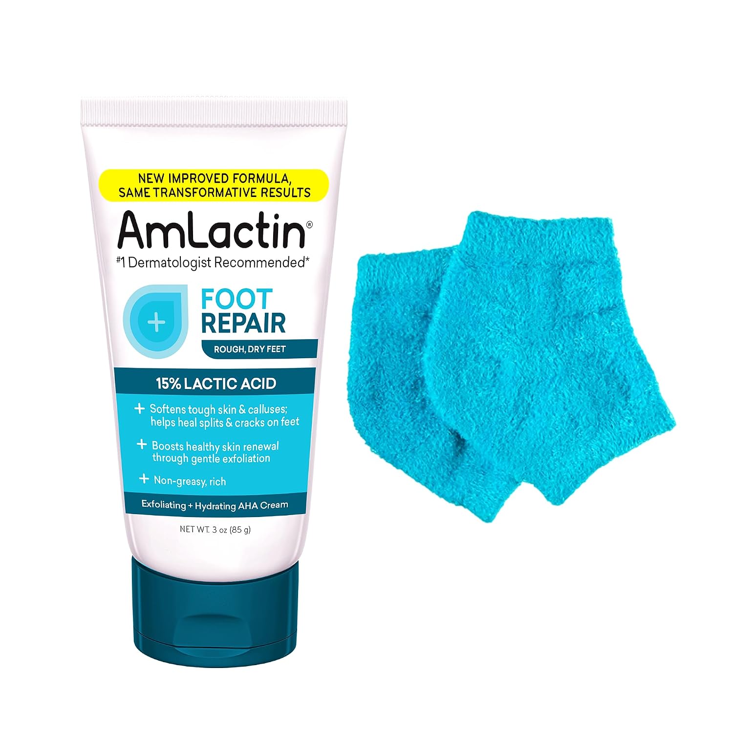 AmLactin Foot Repair Cream with Moisturizing Socks, 15% Lactic Acid, 3 oz | 15% lactic acid foot cream and moisturizing socks exfoliate and soften dry, cracked heels and rough feet without scrubbing.
