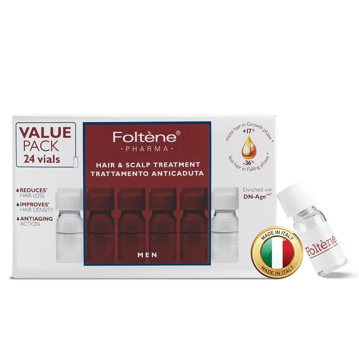 FOLTENE Scalp & Hair Treatment for Men – Revitalizing Formula to Strengthen, Restore Fullness, and Reduce Thinning – Advanced Care for Healthier, Thicker Strands (24 Vials)