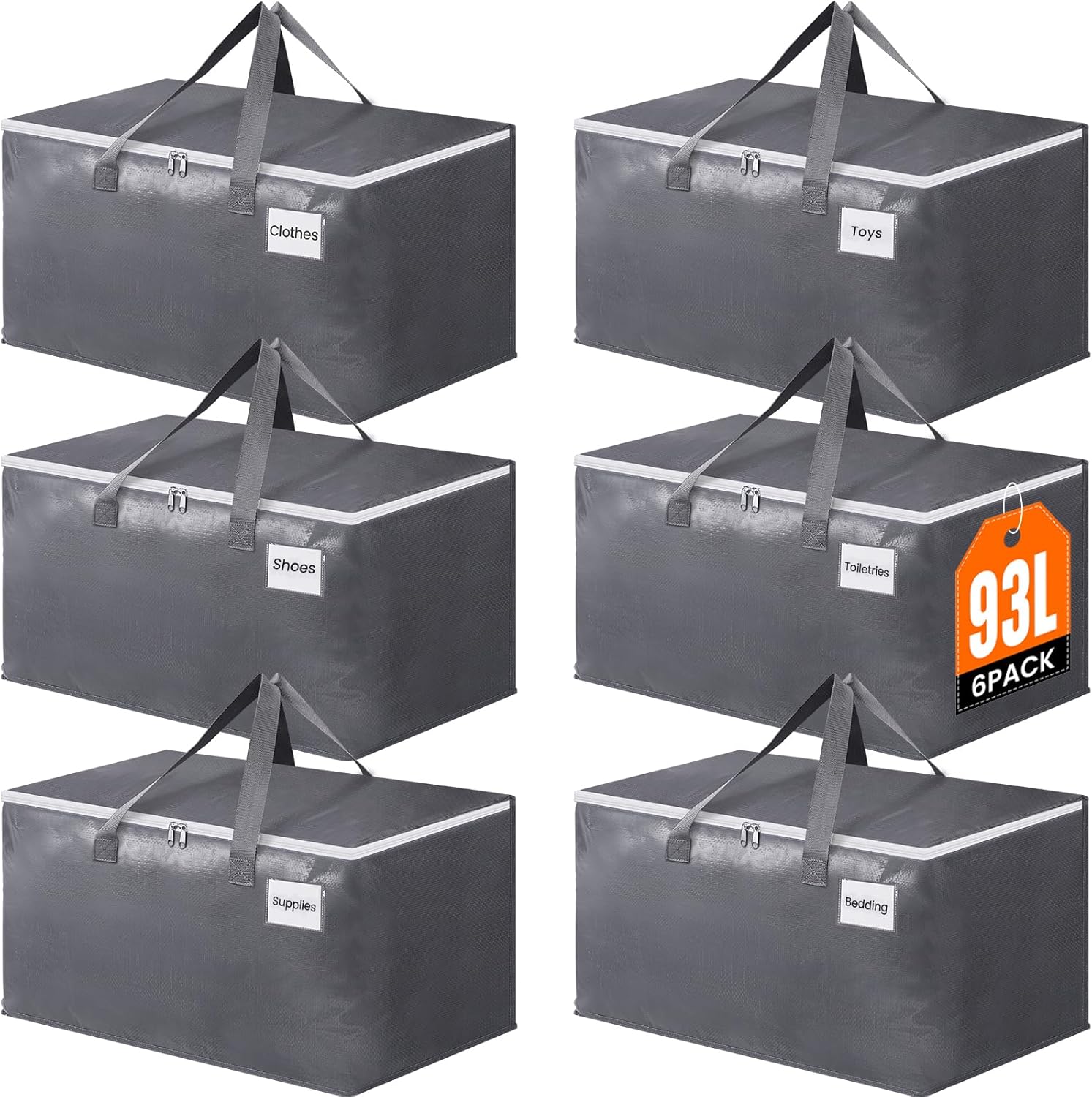 BlissTotes Large Moving Bags, Storage Bags with Zippers, Handles Moving Supplies with lids, Heavy Duty Totes for Storage Bags for Space Saving, Moving and Storing 93L, 6 Pack
