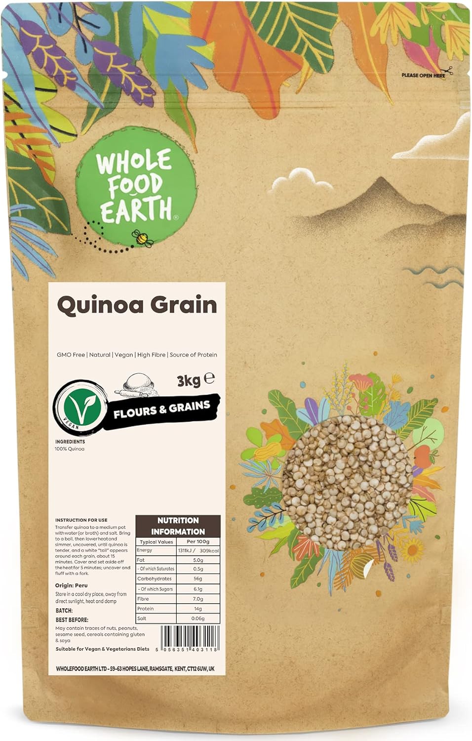 Wholefood Earth Quinoa Grain 3 kg | GMO Free | Natural | High Fibre | Source of Protein